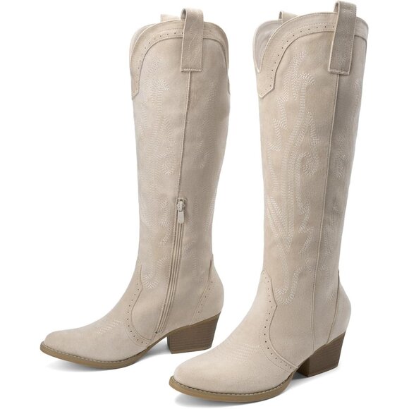 Women's Beige Comfortable Chunky Heel Embroidered Western Retro Knee High Boot - Picture 9 of 9